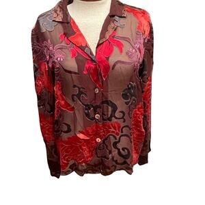 Citron Womens Size Small Silk Blend Sheer Floral Blouse Button Santa Monica